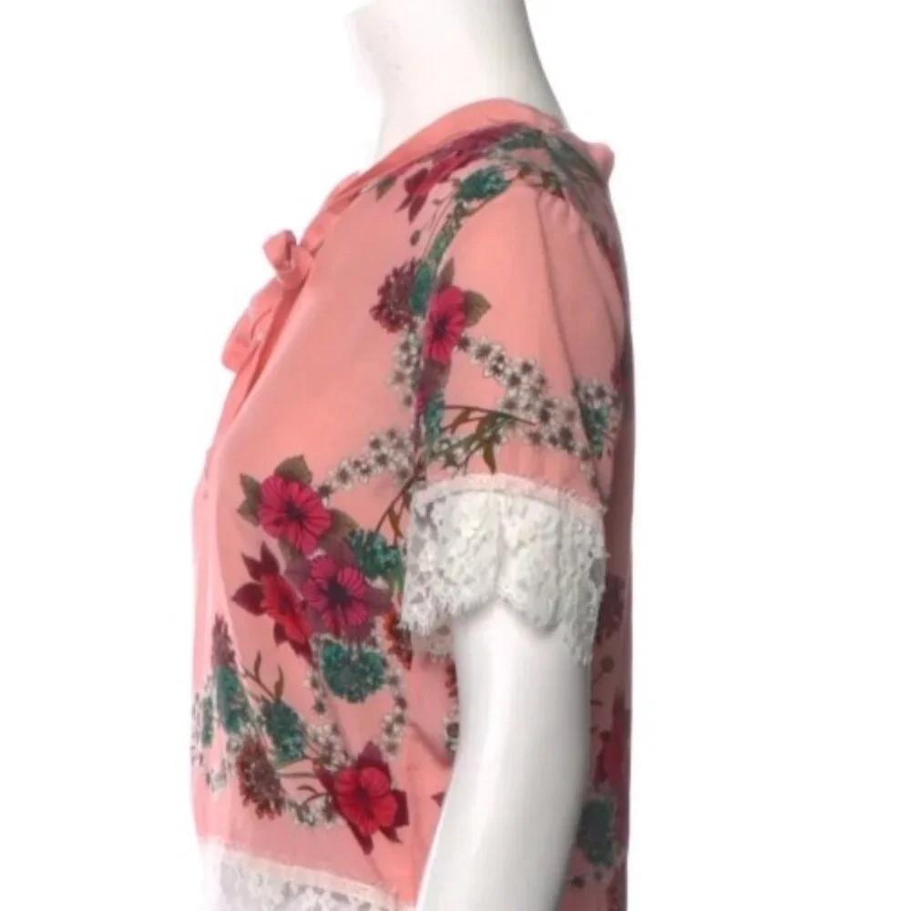 Sandro Pink Silk Lace Trim Floral Print Crop Top Size: S (Orig. $225) - Picture 4 of 5